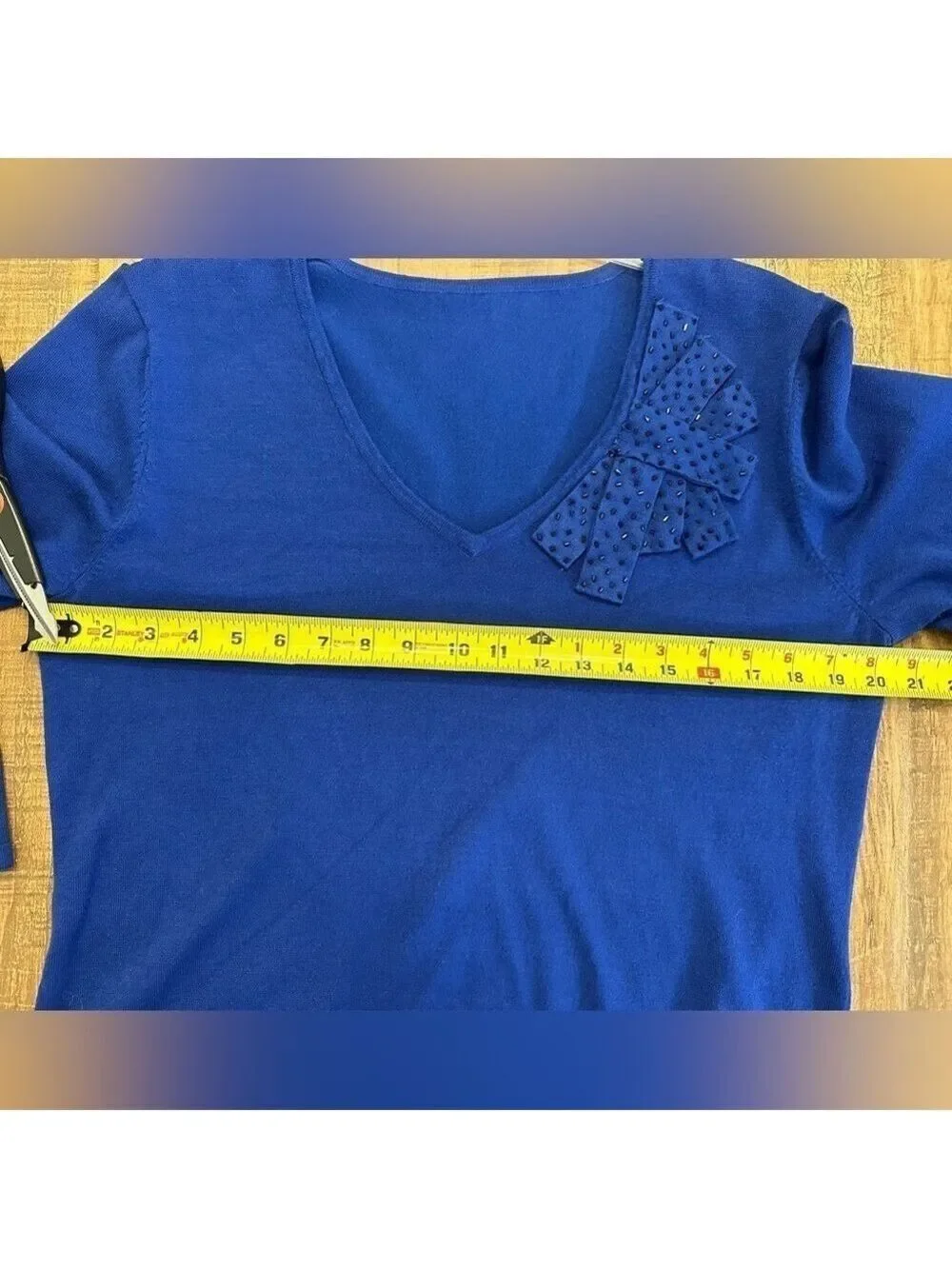 Blue Scooped V neck 3/4 Sleeve Sweater Beaded appliqué type design front left